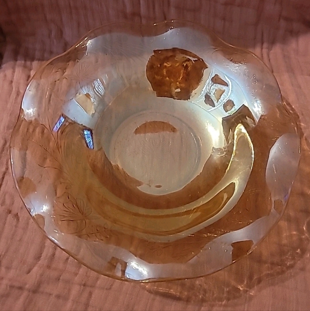 Vintage Floragold Carnival  Glass  Ruffled Bowl By Jeanette Glass Vintage